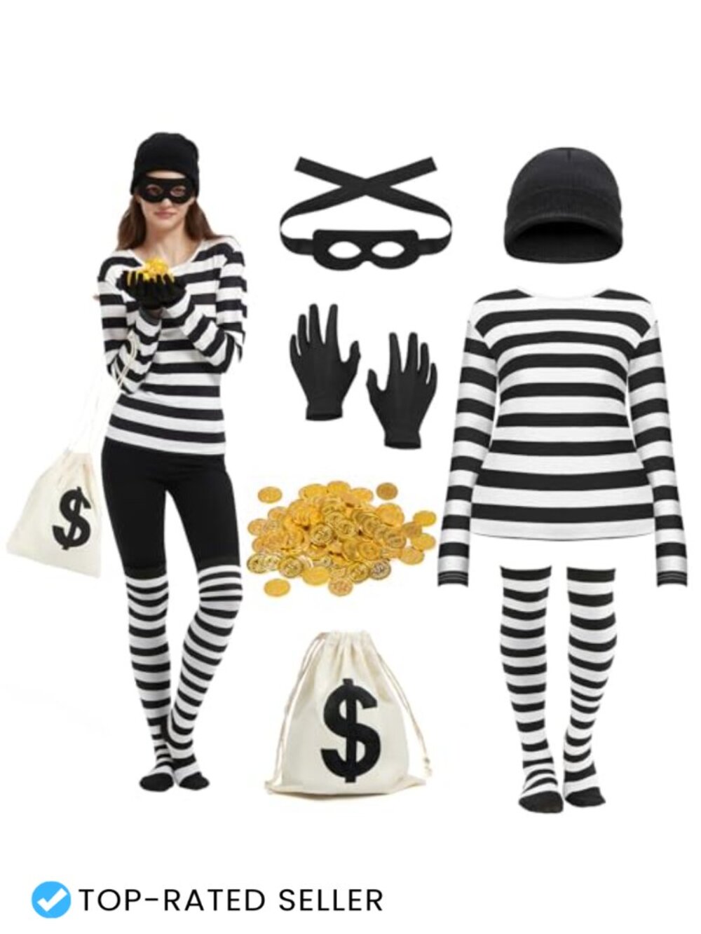 7 Piece Robber Costume Set Striped Shirt Coins Mask Beanie Gloves Socks Bag